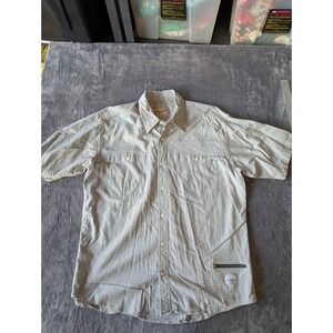 Woolrich Travel Outfitter Mens XL Short Sleeve Plaid Button Down Shirt Tan Blue